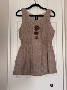 Kensie Taupe 100% Linen Sleeveless Peplum Top